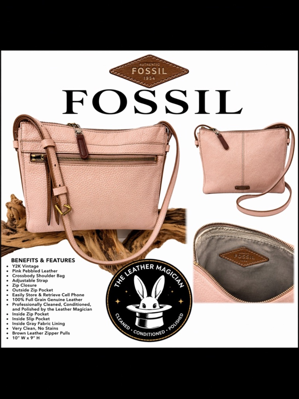 Fossil Pink Leather Crossbody Y2K Vintage Clean Adjustable Strap